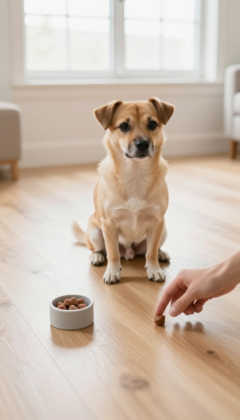 Small dog sitting calmly during consistent training session