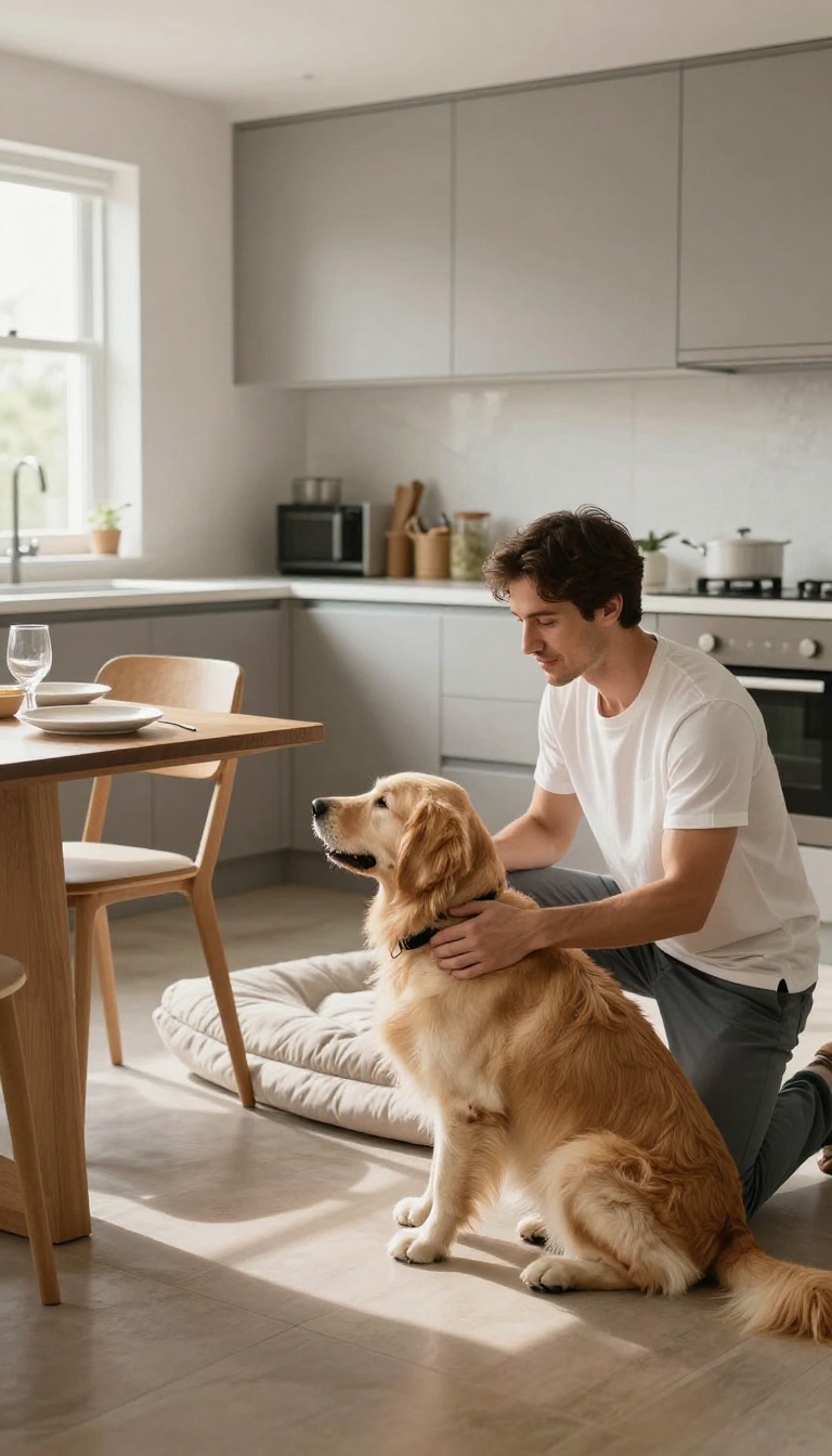 Dog trainer guiding a dog to a bed near a dining table in a bright kitchen
