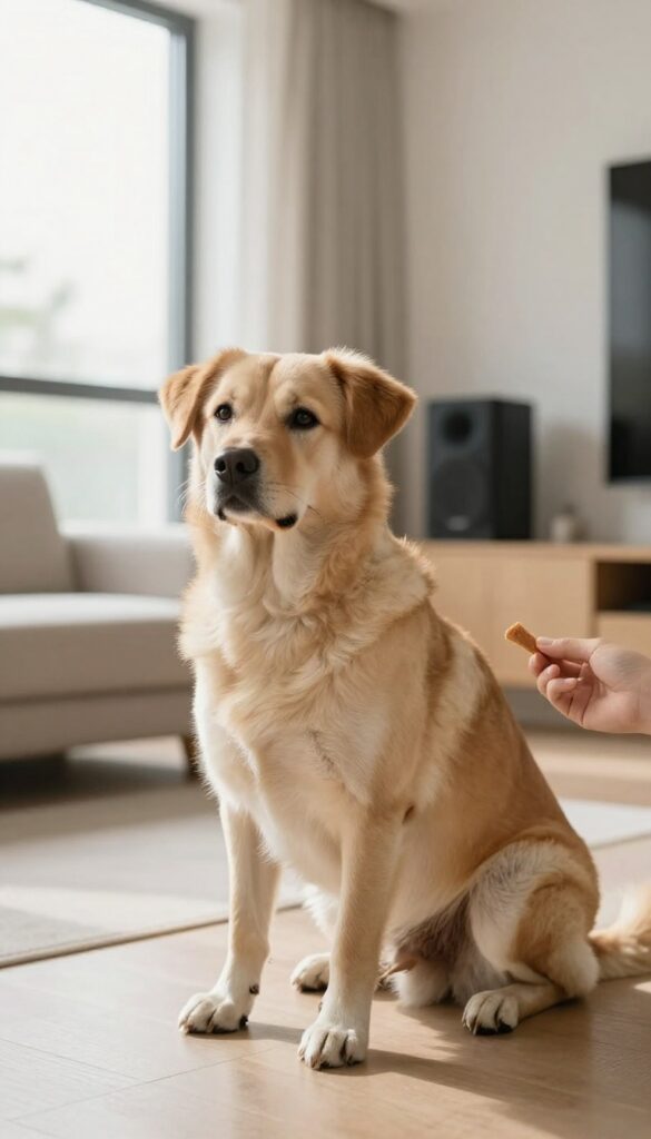 A dog calmly sitting and focusing on its owner while a speaker plays sounds in the background