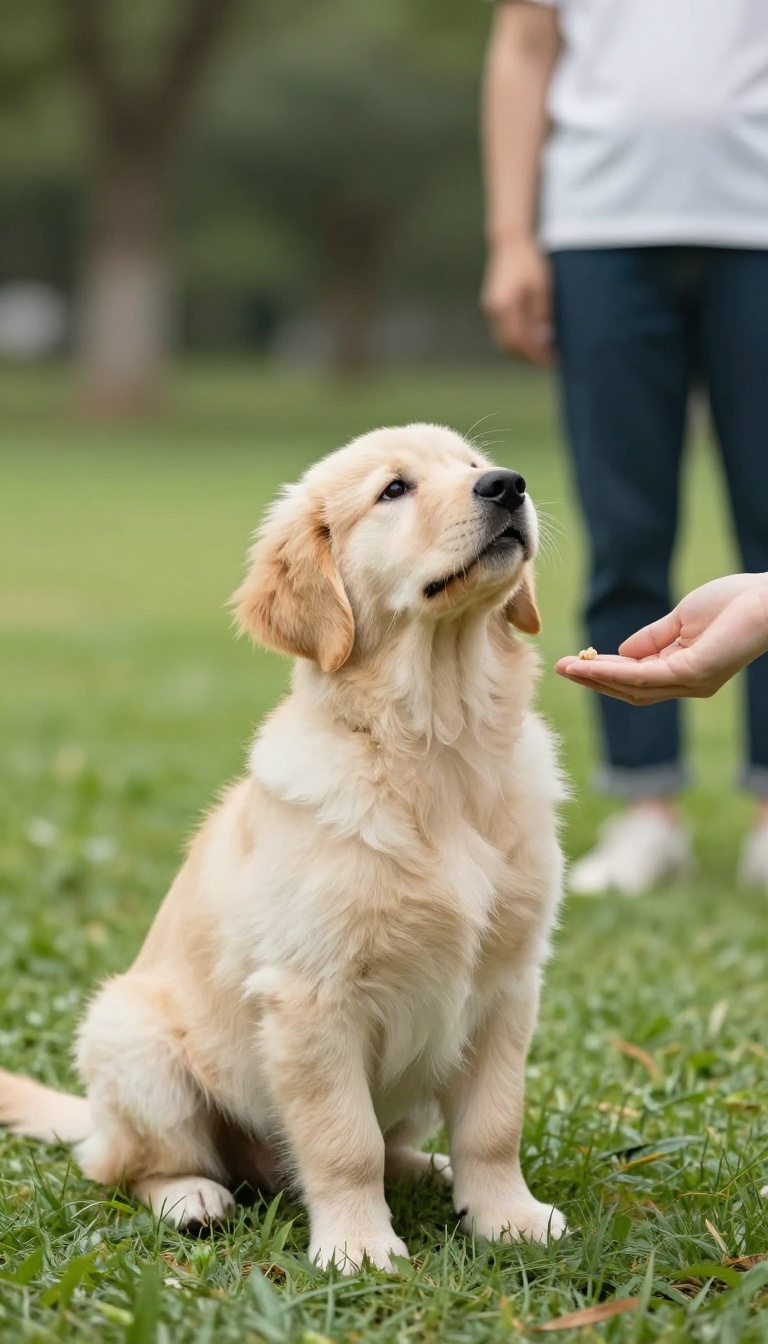 Puppy sitting calmly on a park path, looking at owner's hand with treat, while a person waits in the blurred background