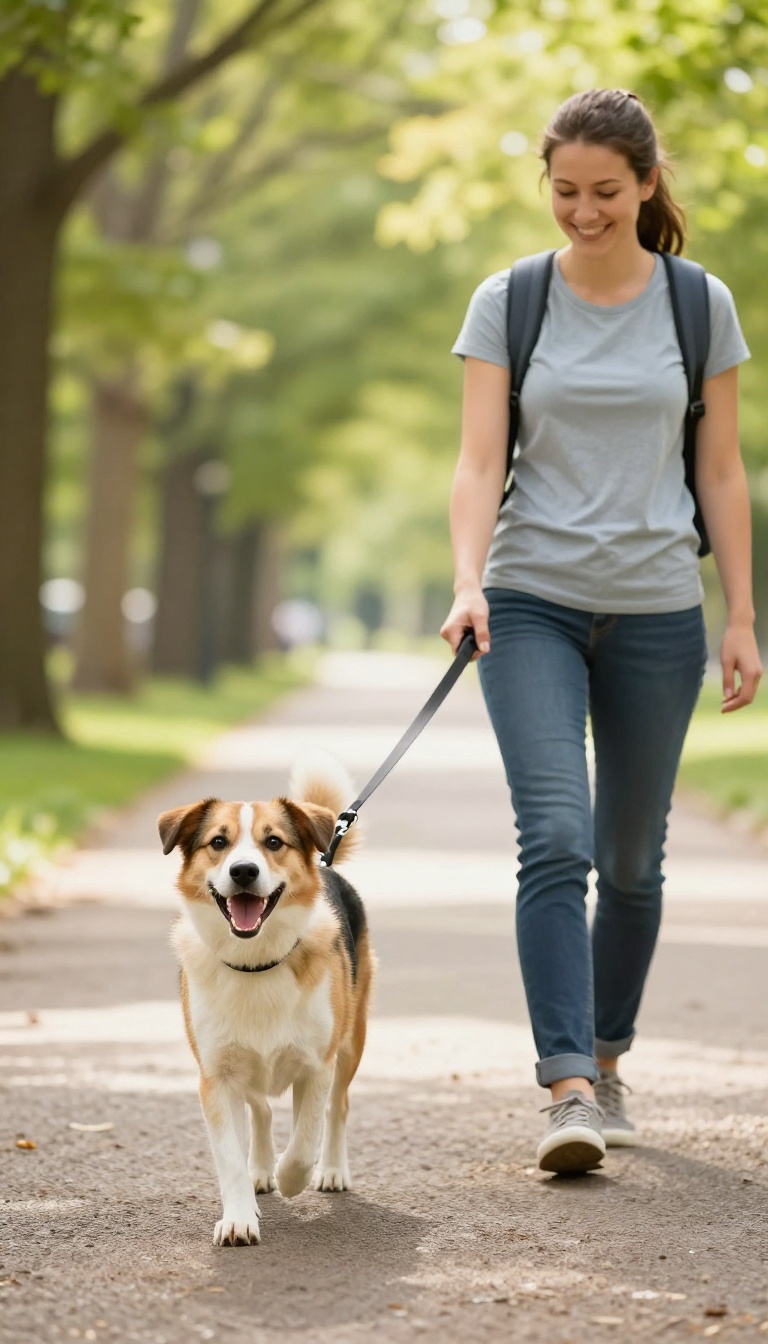 Person walking a happy dog on a sunny park trail as a reward during training