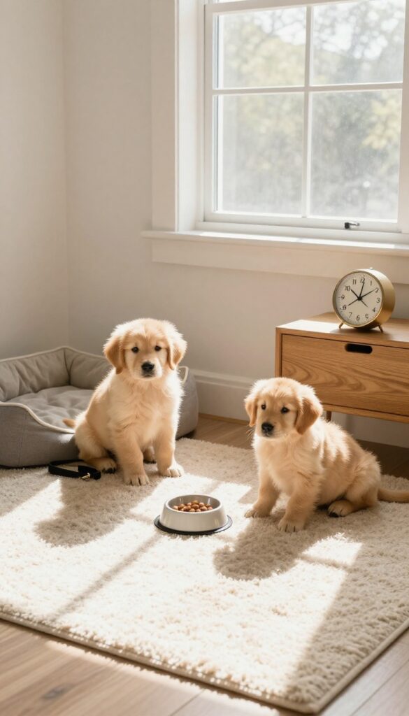 A calm puppy sitting by a clock and dog bed in a bright, orderly room, representing a consistent daily routine.
