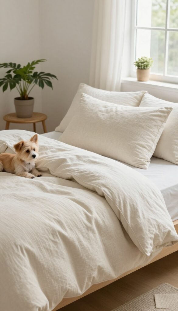 A DIY no-sew pillow cover for a dog bed in a bright, cozy living room setting