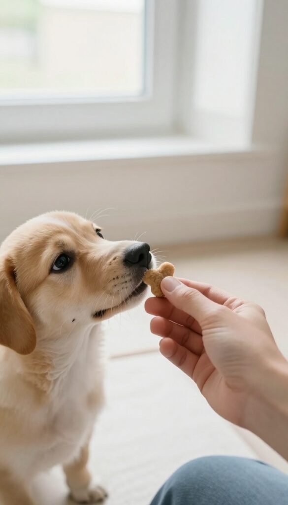 Hand offering a treat to a puppy near a potty pad in a bright room