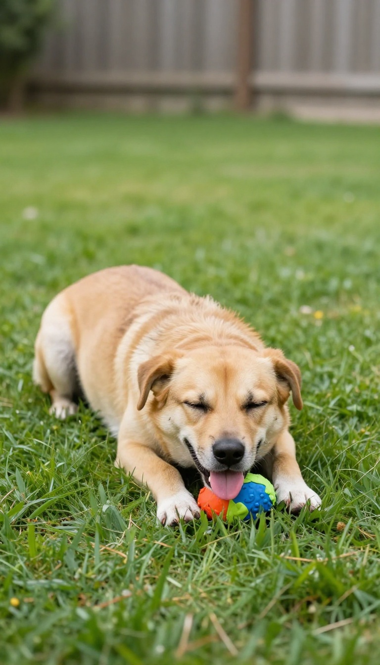 Dog playfully playing dead on grass with a toy nearby during a training session