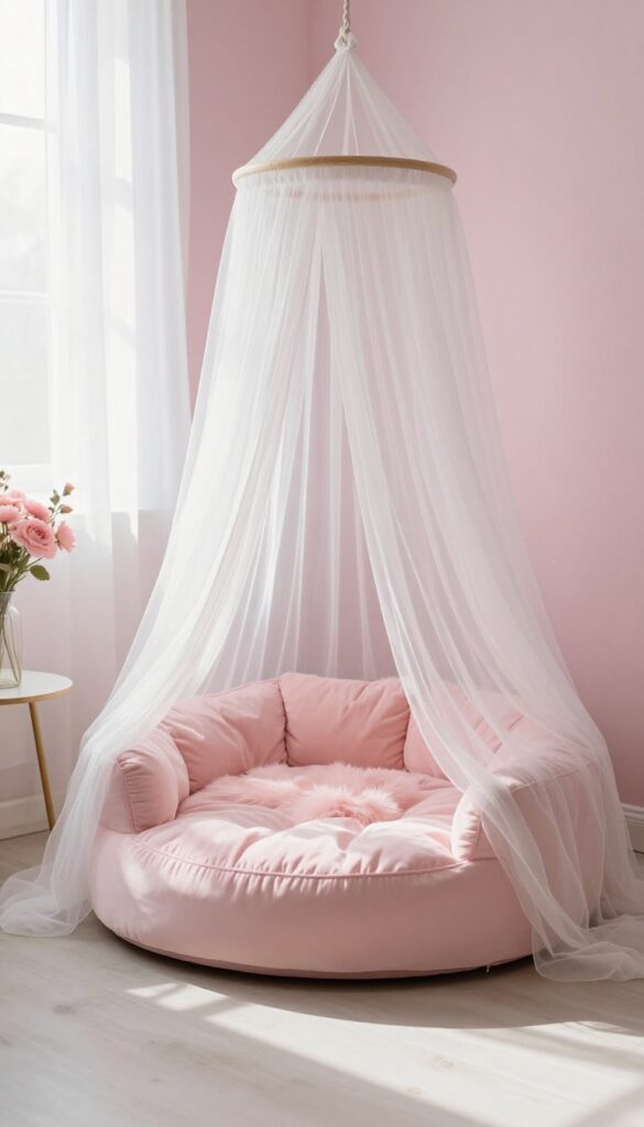 A princess-style dog bed with a sheer drape canopy in a bright, pastel room, featuring a plush pink cushion and soft tulle fabric.