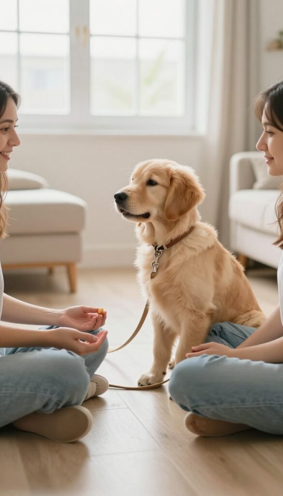 Two people playing a leave it game with a puppy sitting between them on a bright floor