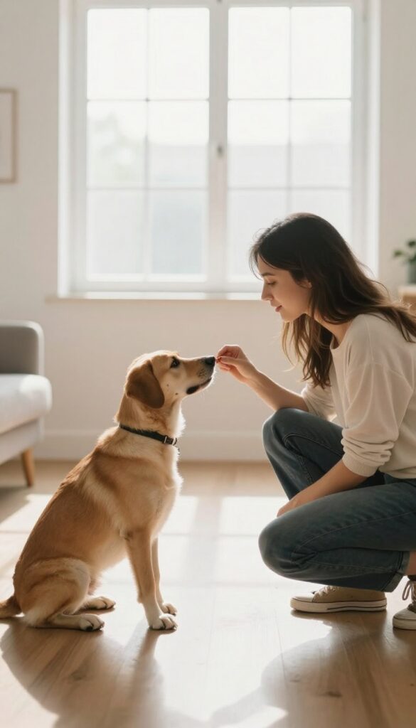 A guest crouches down to give a treat to a calm puppy sitting on the floor in a bright living room