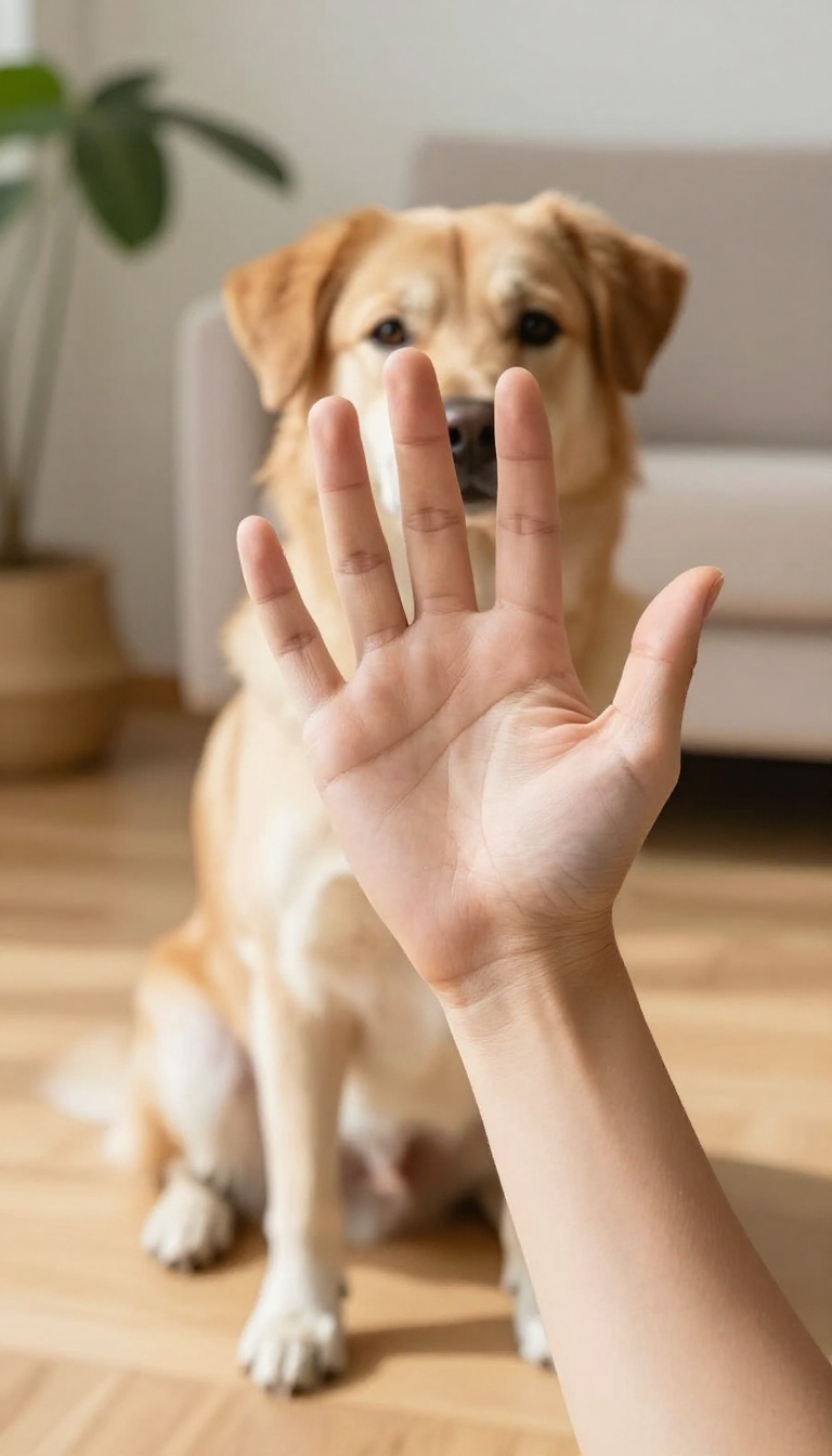 Person using flat palm hand signal to teach a dog to stay in a bright living room