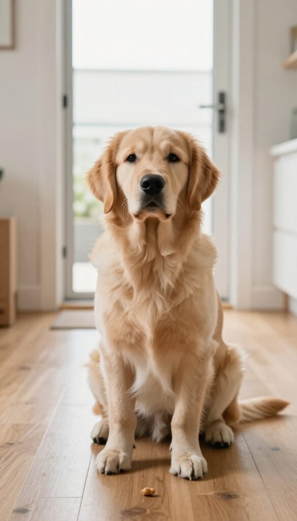 Puppy sitting patiently by a slightly open door, waiting for a cue during a training session.