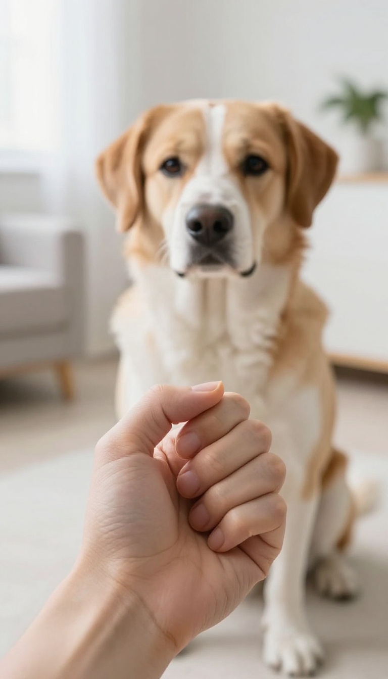 Dog looking away from a closed fist holding a treat during a 'leave it' training session in a bright living room.