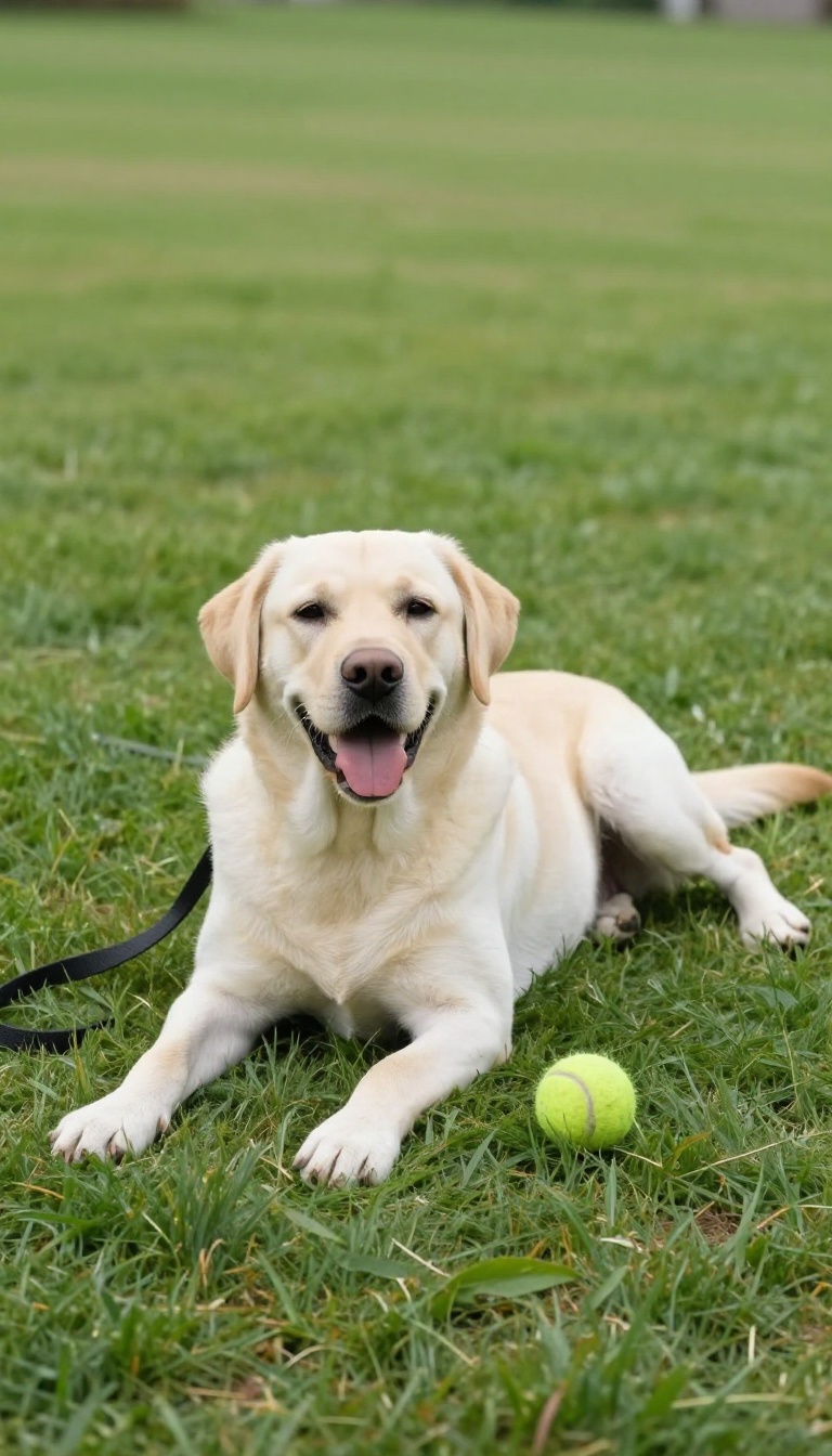 A relaxed dog lying on grass after exercise, with a leash and ball nearby, illustrating the concept of pre-visit exercise to reduce jumping.