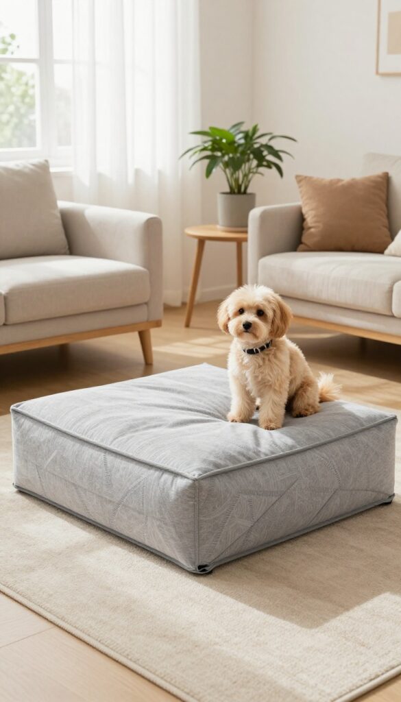 Foldable cube dog bed in a cozy small living room with a dog nearby