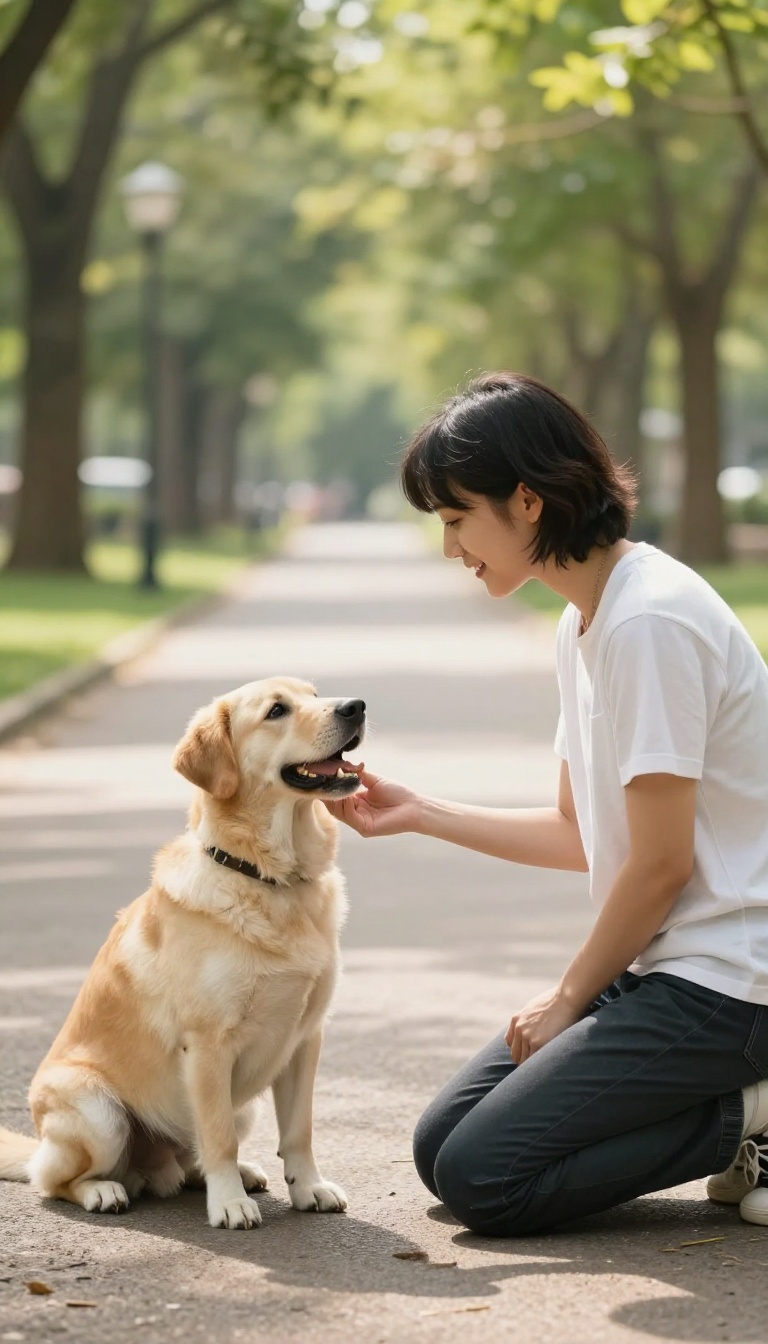 A dog calmly accepting a treat from a stranger at a distance in a sunny park, illustrating counter-conditioning for reducing barking.