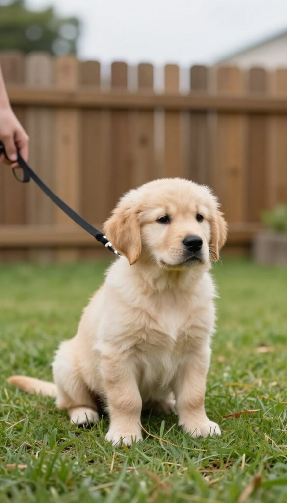 A puppy sitting in a designated potty spot in a backyard, illustrating the concept of a consistent bathroom area for potty training.