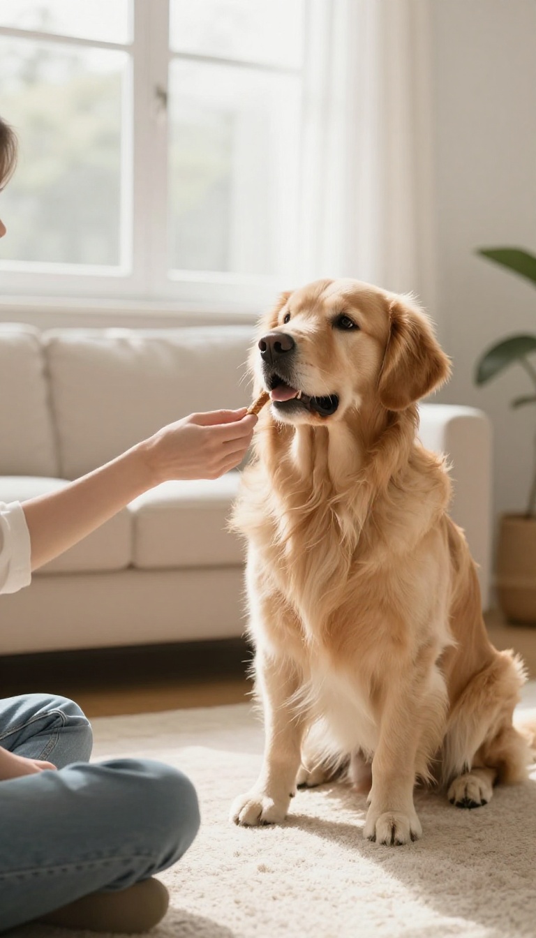 Shy golden retriever looking at a hand offering a treat in a bright living room, illustrating the Name Game training idea.