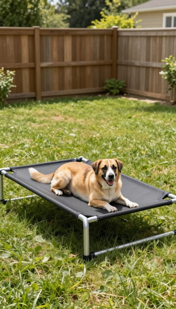 Large dog relaxing on a waterproof elevated outdoor dog bed in a sunny backyard