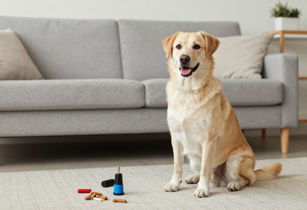 Dog sitting attentively during a training session with treats and clicker