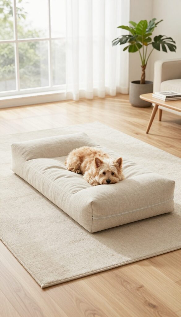 A memory foam dog bed with a removable beige linen cover in a bright living room, with a small dog resting on it.
