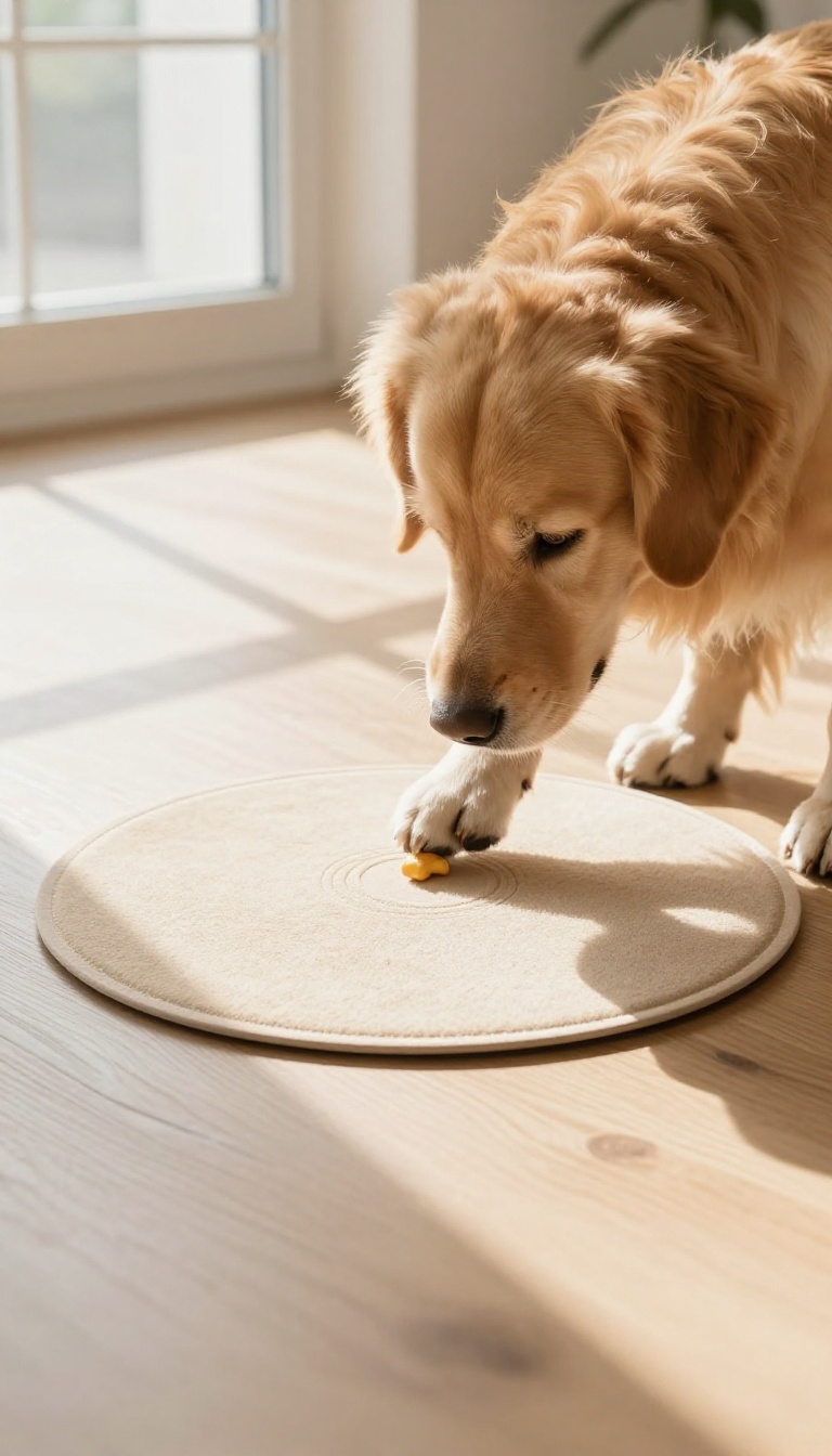 A dog's paw stepping on a training mat with a treat nearby in a sunlit room