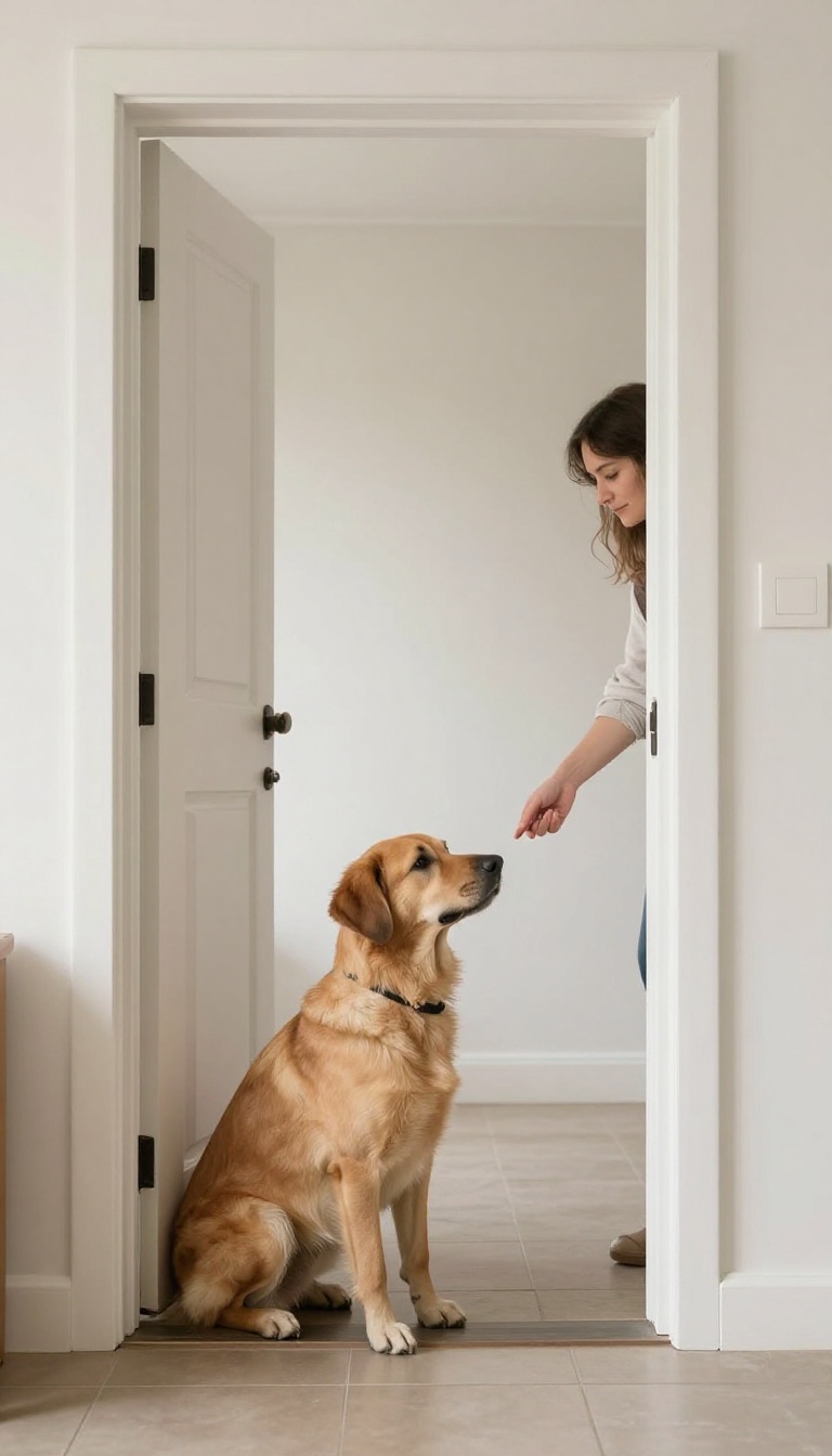 Dog sitting calmly at the door while a guest enters, practicing the 'wait' command