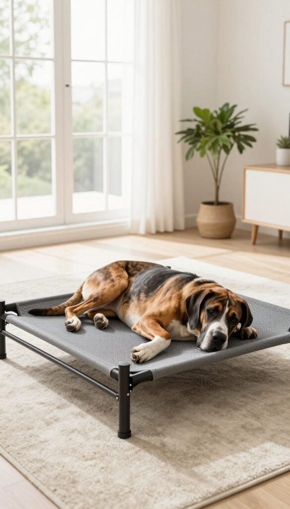 Large raised cot dog bed with a Great Dane stretching out in a bright living room