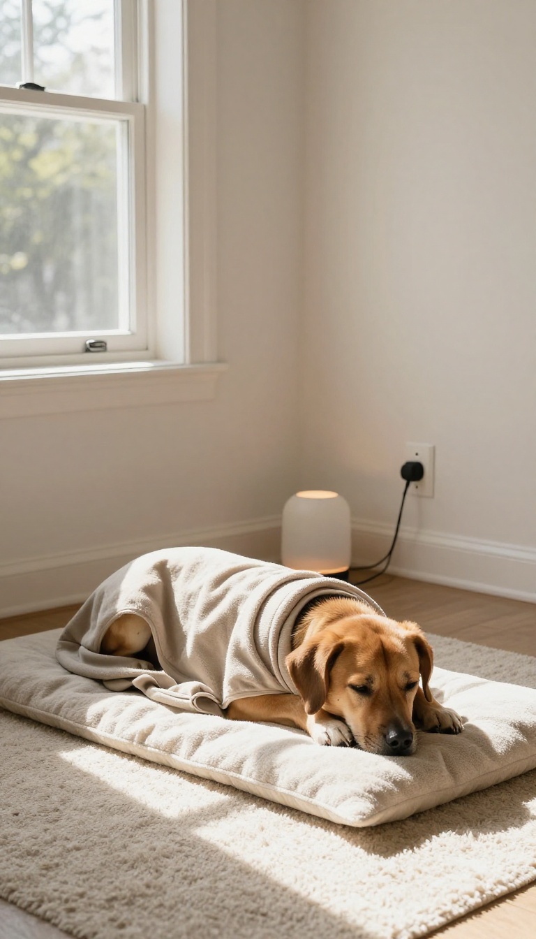 Calm dog wearing an anxiety wrap in a bright living room with a pheromone diffuser in the background