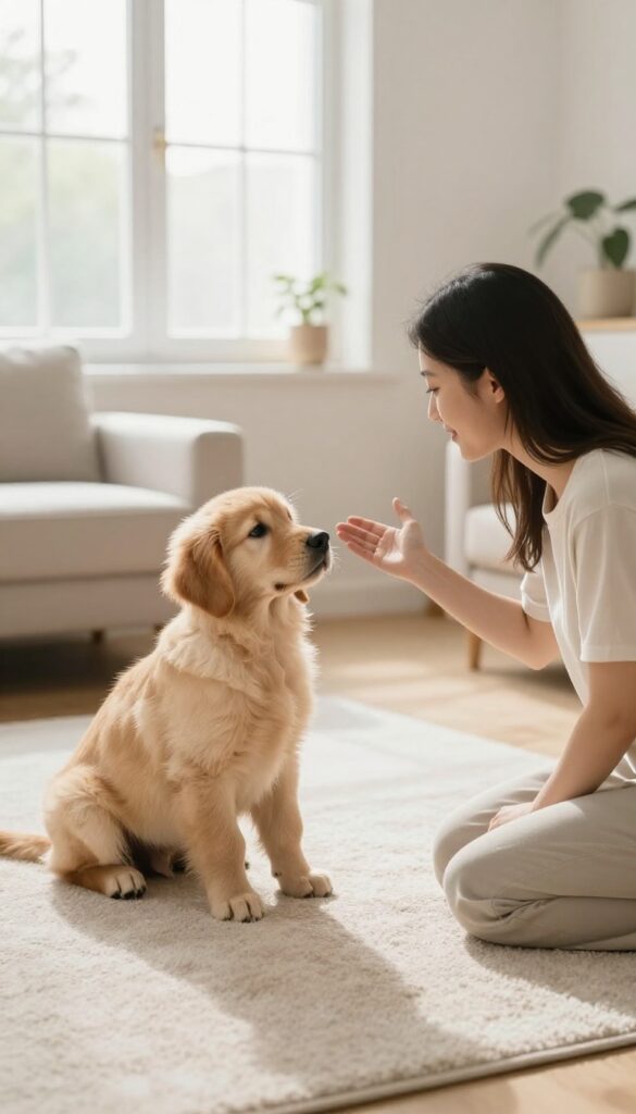 Calm puppy training session in a bright living room with a person kneeling and extending a hand to a sitting golden retriever puppy