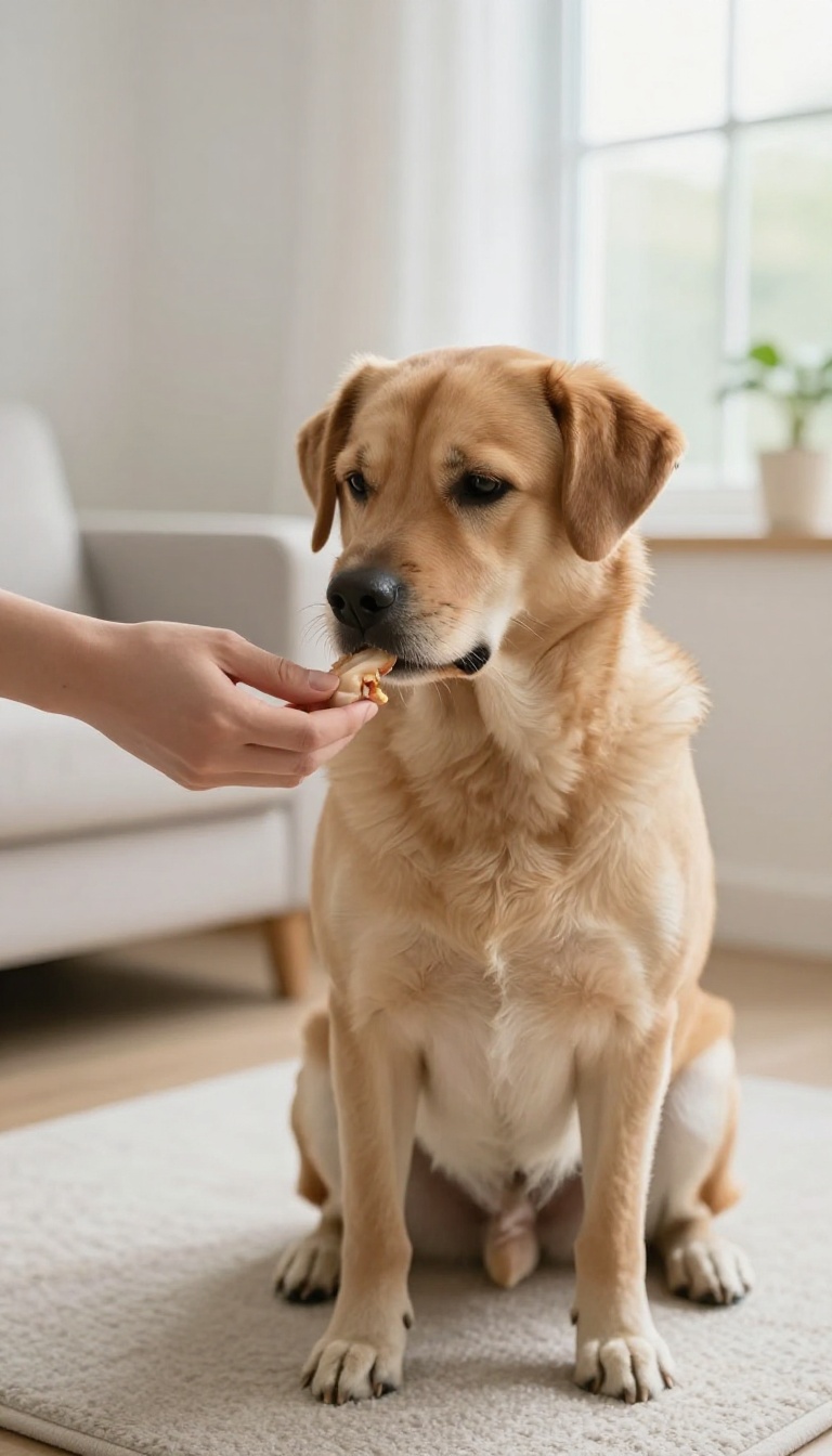 A person offering a treat to a calm dog on a mat in a bright living room