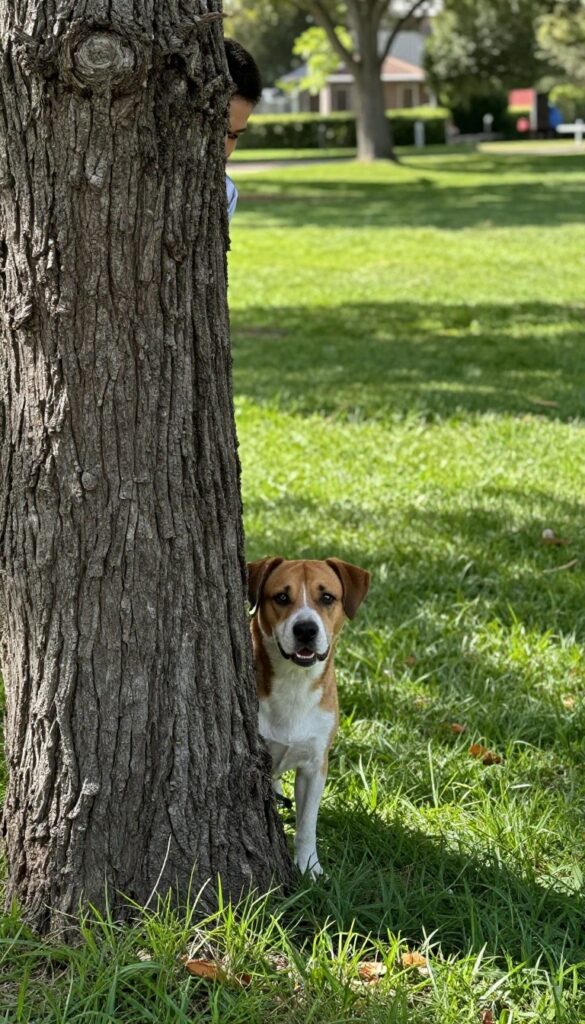 A dog hiding behind a tree in a park, playing hide-and-seek with its owner in the background.