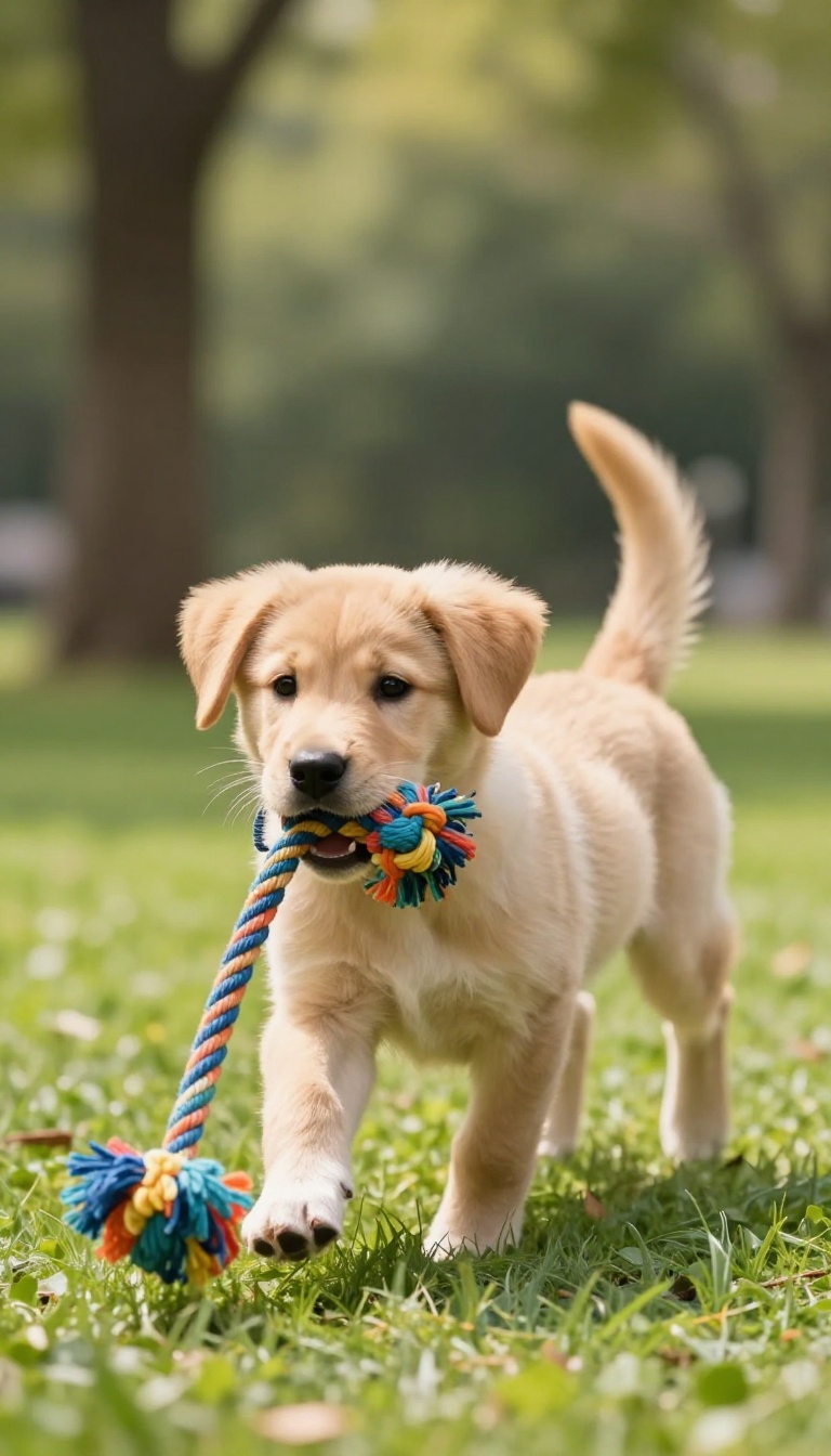 Puppy playing tug-of-war with a rope toy in a park
