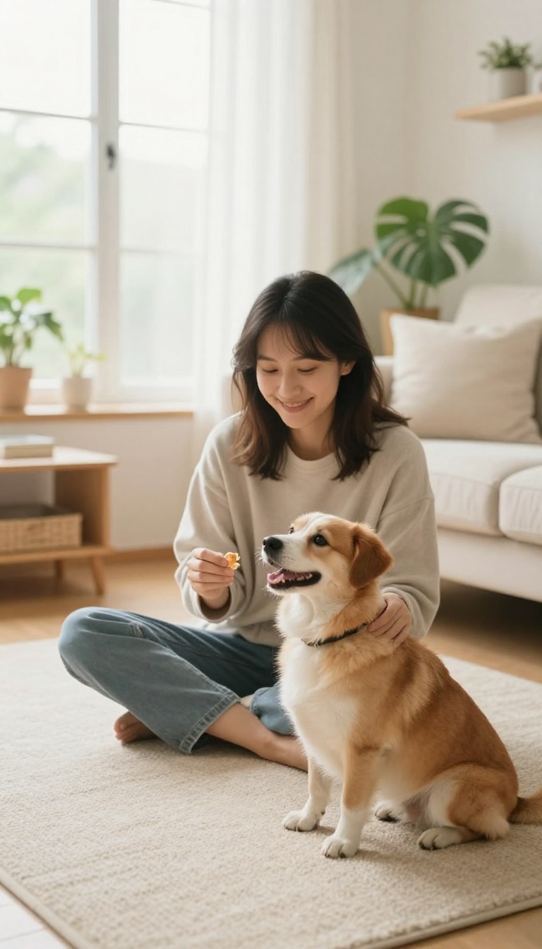 Owner training a dog in a bright, cozy living room during a daily routine session.