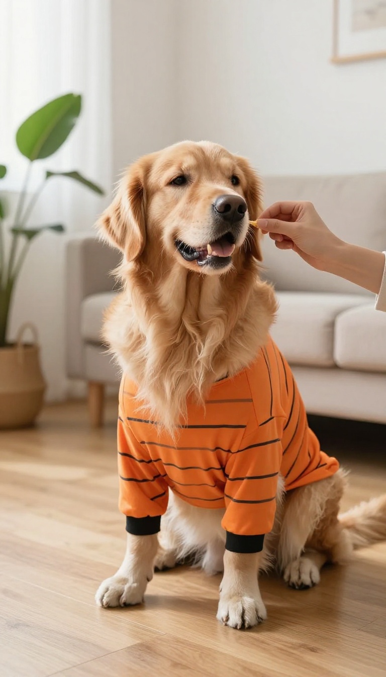 Golden retriever in a striped costume calmly receiving a treat during a training session at home