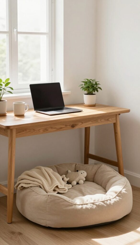 Cozy dog bed tucked under a wooden desk in a bright home office, with a blanket and toy, natural light