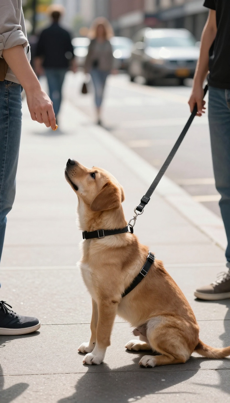 Puppy practicing the 'wait' command at a busy street corner