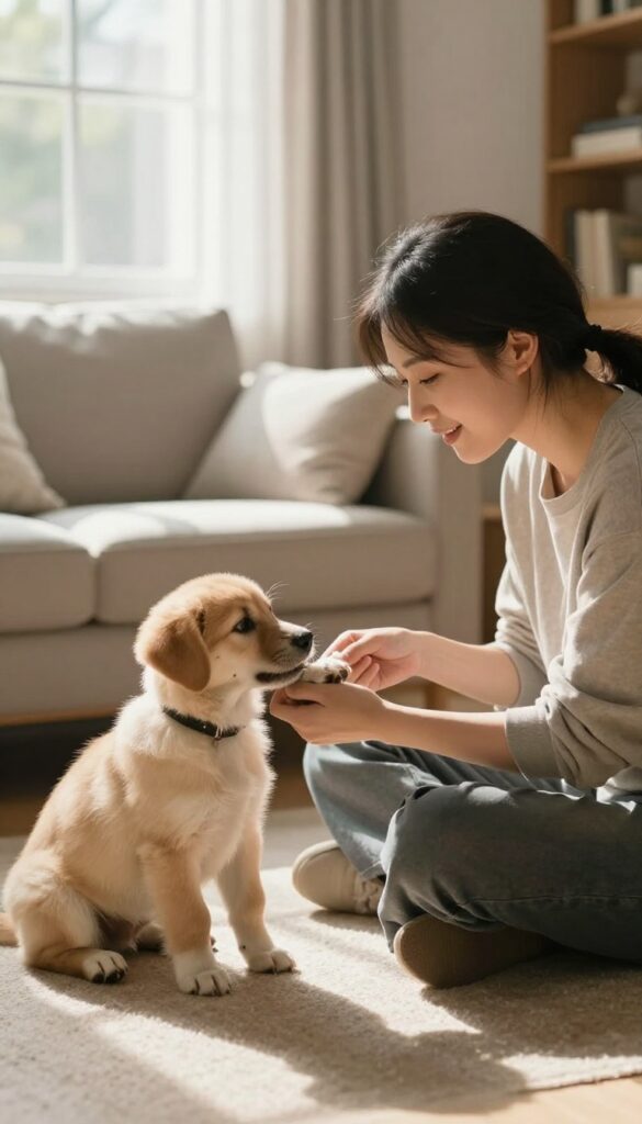 A dog trainer gently guiding a puppy with a treat in a bright, cozy room.