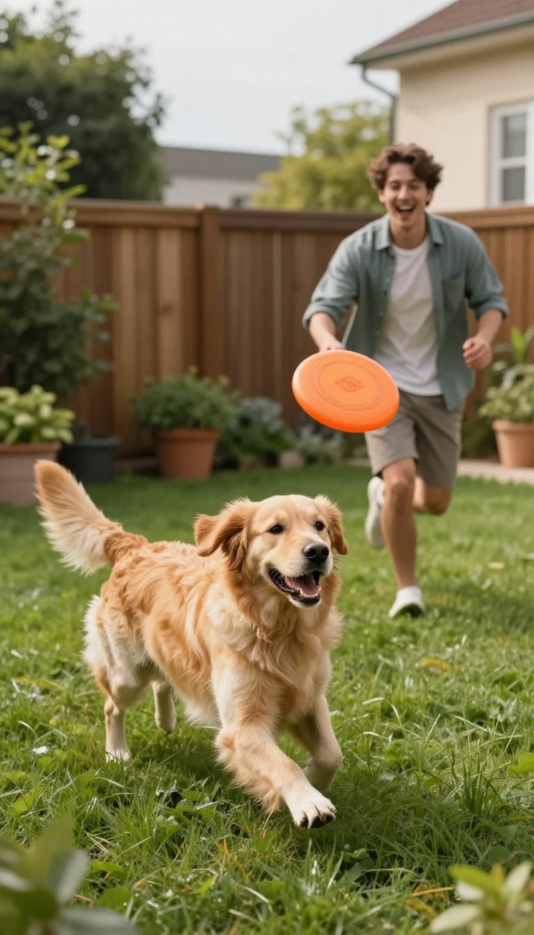A dog chasing its owner in a sunny backyard during a recall training game.
