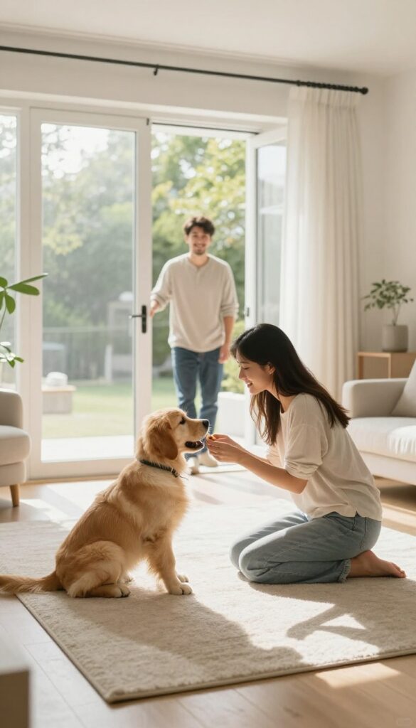 Woman rewarding a sitting puppy with a treat while a man stands at the open door, illustrating a mock greeting training session.