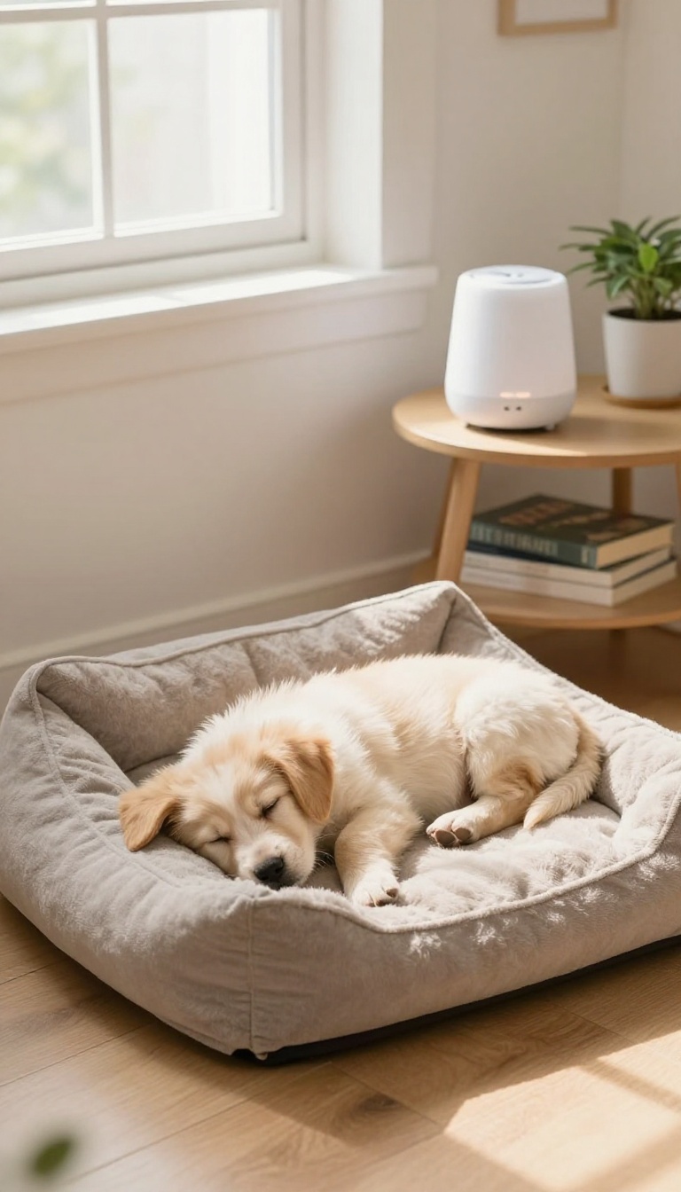 A calm puppy sleeping peacefully on a cozy bed while a white noise machine plays softly in the background, creating a serene and secure atmosphere.