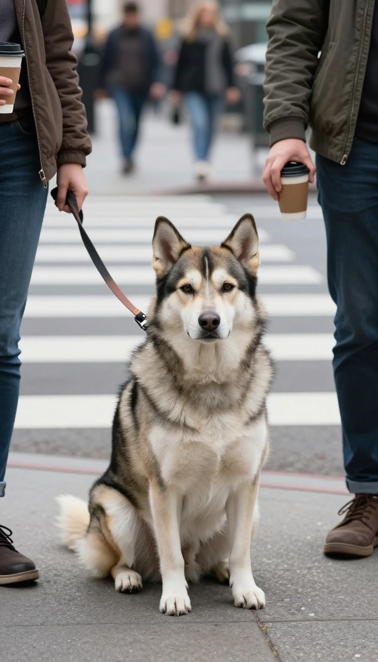 A calm dog sitting on a city sidewalk while its owner holds a coffee, demonstrating a reliable stay in a public place.