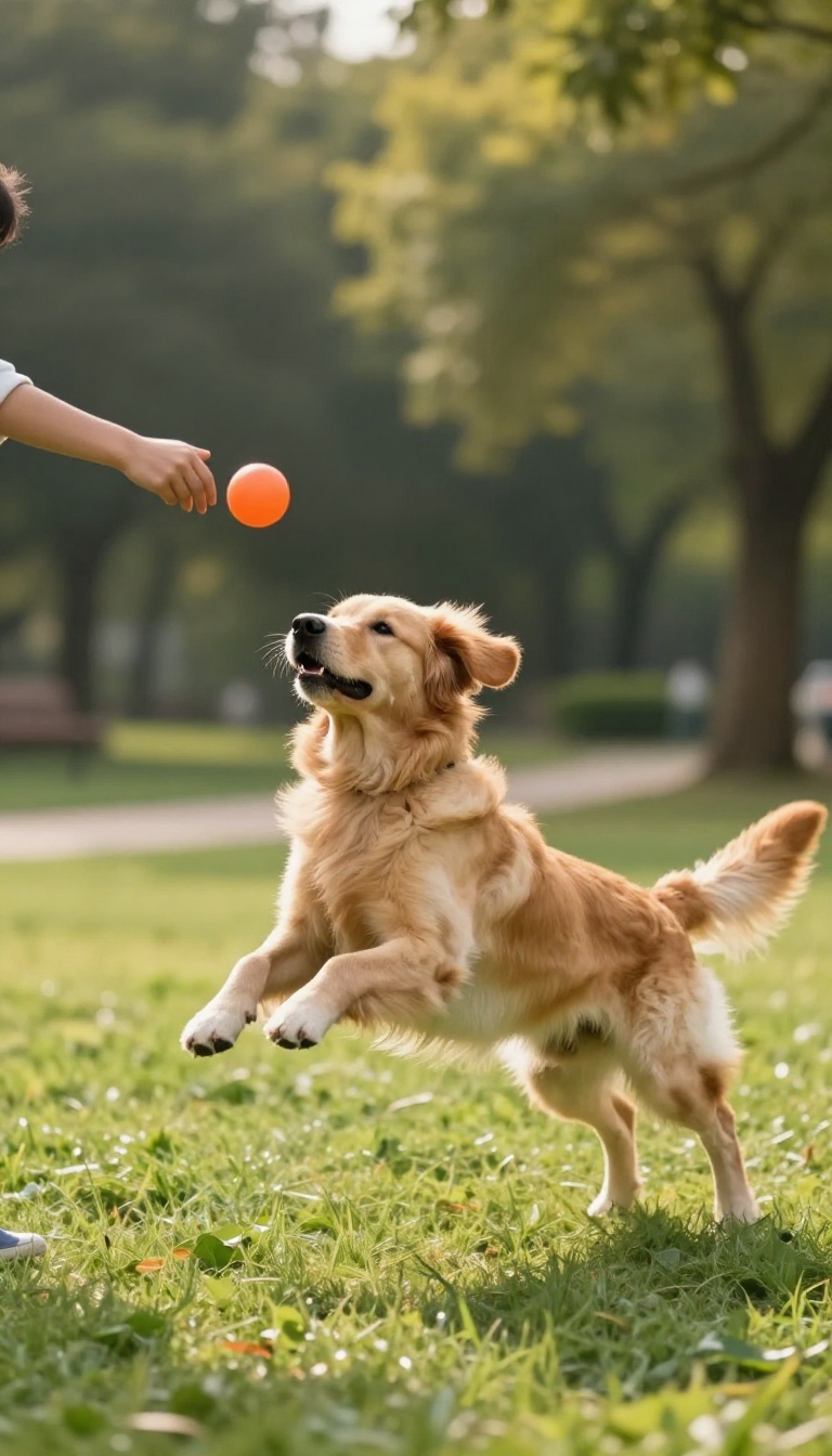 Person throwing a ball for a golden retriever in a sunny park, capturing the dog mid-leap.