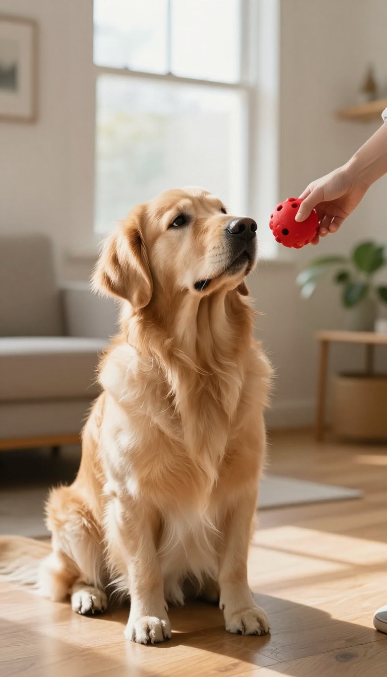 Dog owner practicing leave it command with a toy in a bright living room