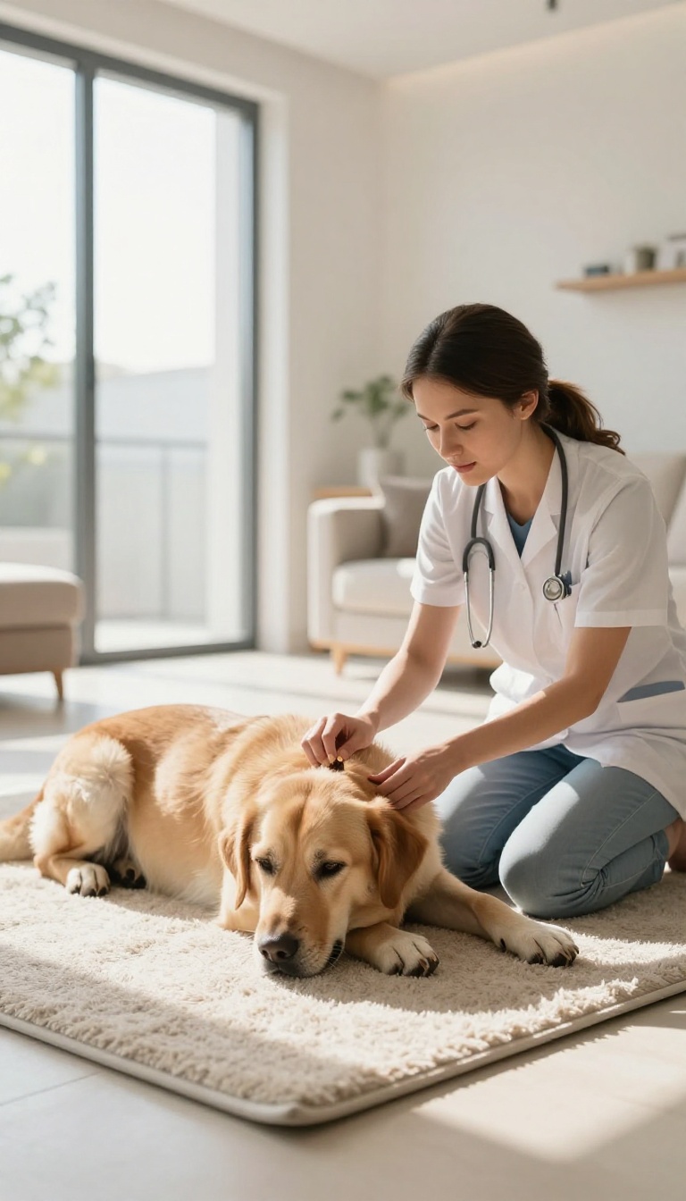 A calm large dog being gently handled by a vet at home, with a treat nearby, in a bright living room.