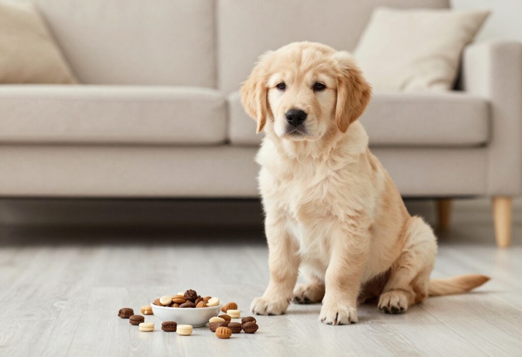 Young puppy practicing leave it with a treat on the floor