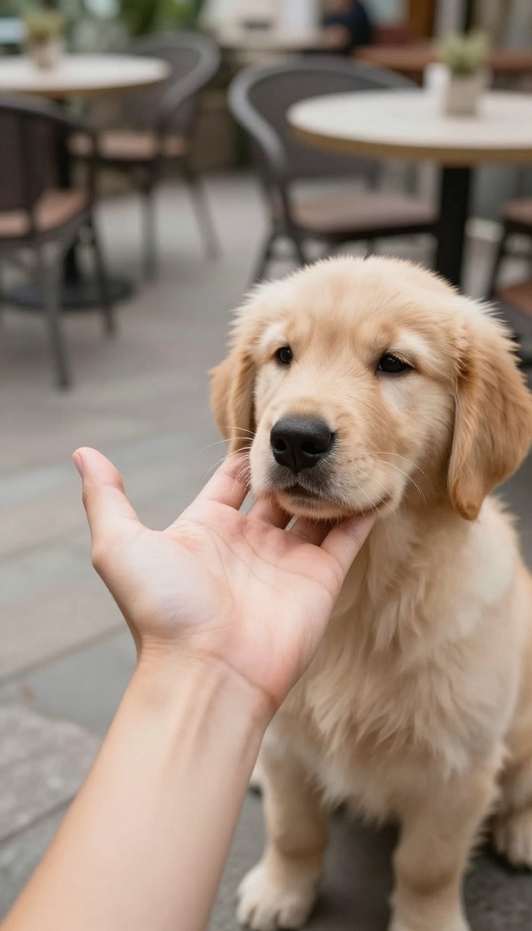 A puppy touching its nose to a person's palm at an outdoor café, demonstrating hand targeting.