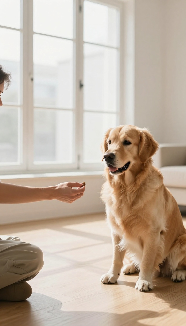 Dog owner teaching 'leave it' command with a treat in a closed fist, dog looking attentively