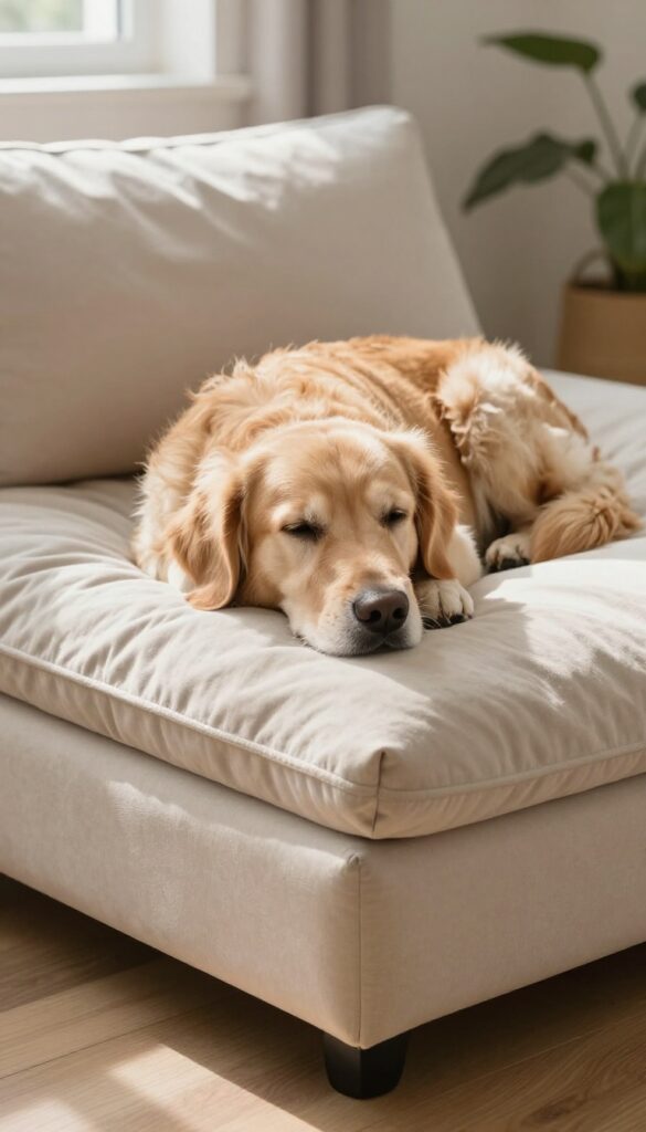 Senior dog resting on an orthopedic memory foam bed with raised edges in a bright living room