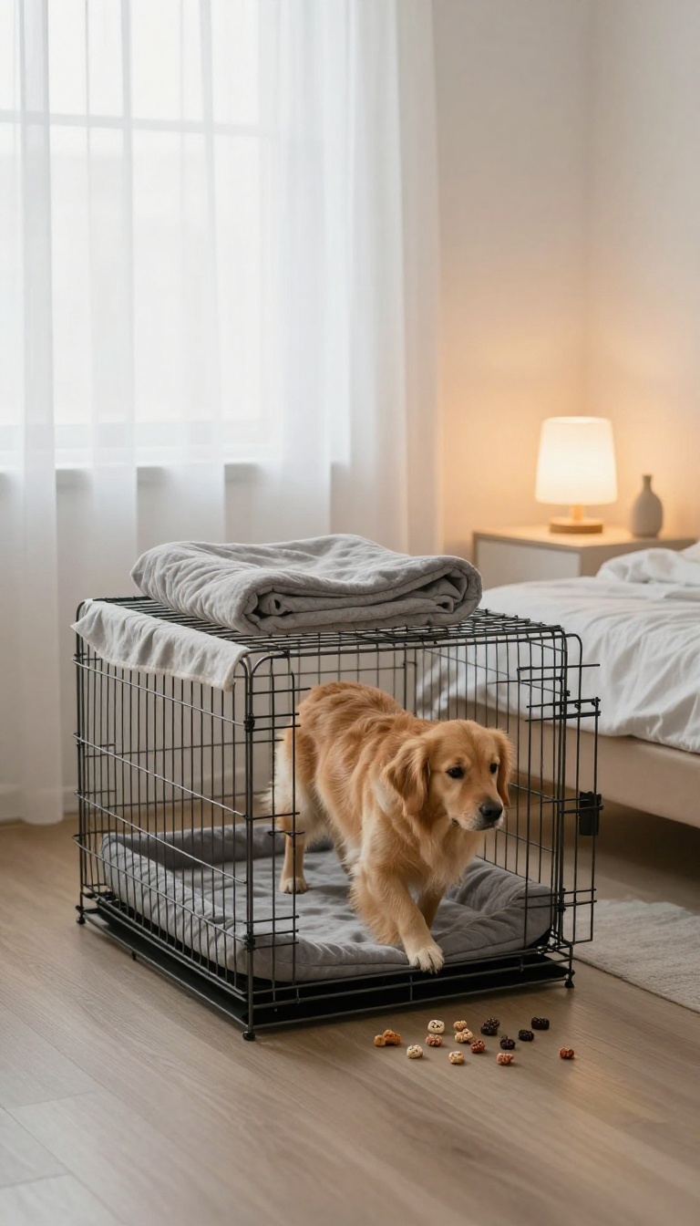 A golden retriever calmly entering a cozy crate with treats inside, in a warm bedroom at dusk.