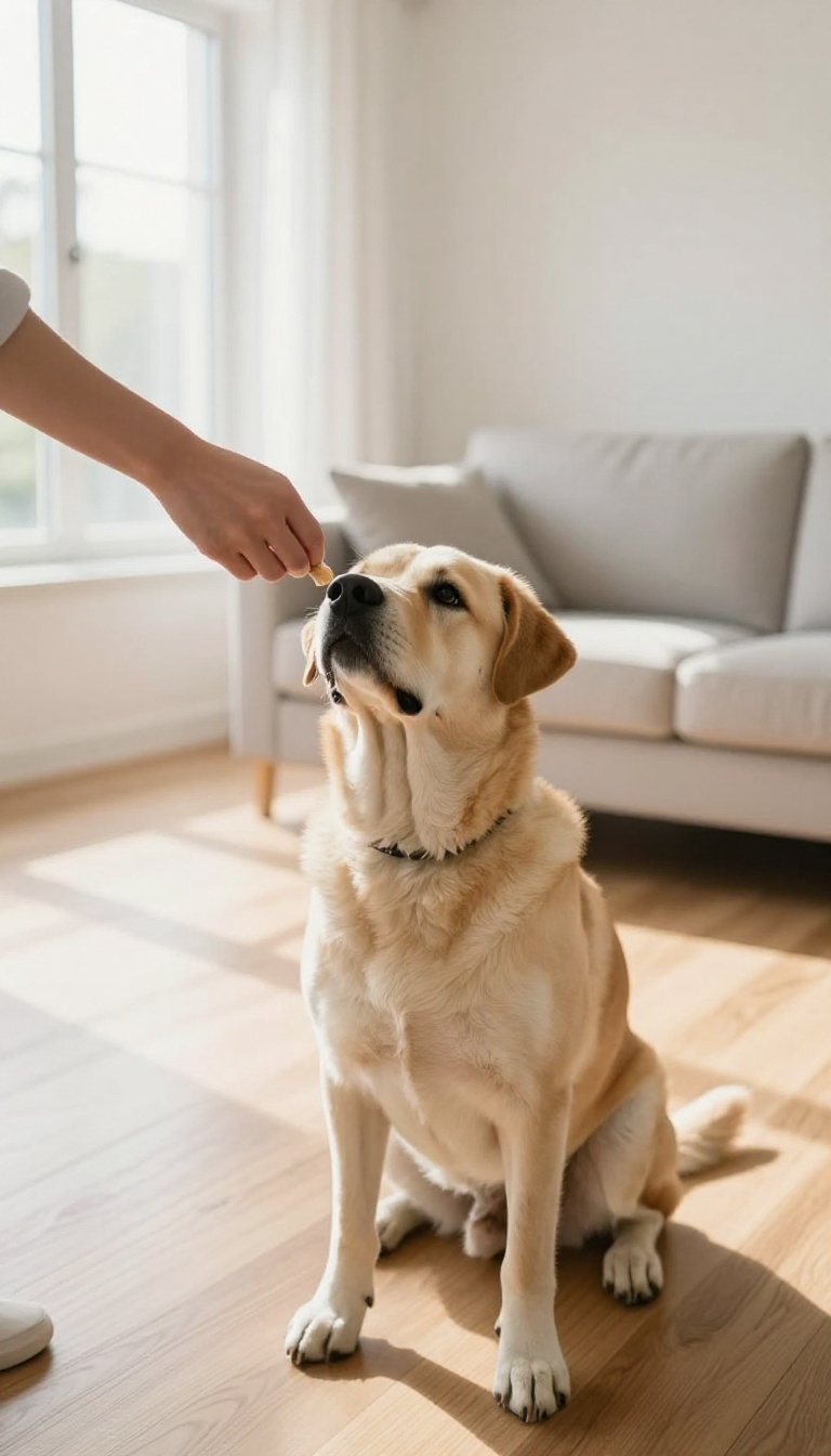 Large dog sitting on the floor beside an empty sofa, looking up at a hand offering a treat, in a bright living room.