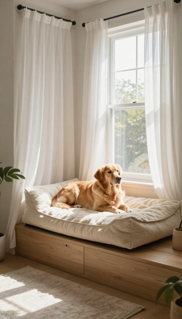 Cozy dog bed on a window seat with a golden retriever looking out, warm sunlight, neutral decor